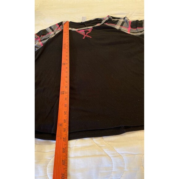 Sew In Love Blouse Size Large Top Black w Plaid Pink Raglan sleeves + Stretch - Picture 9 of 10